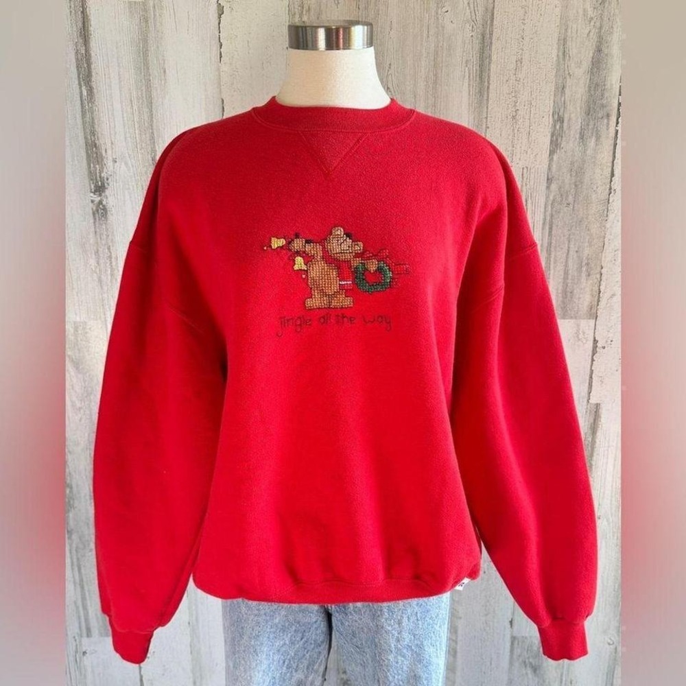 Vintage Russell Athletic Red Christmas Sweatshirt XL Jingle Cross-Stitch bear - Picture 8 of 8